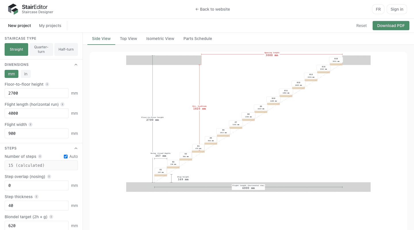 StairEditor staircase editor with live drawing, dimensions, and export controls
